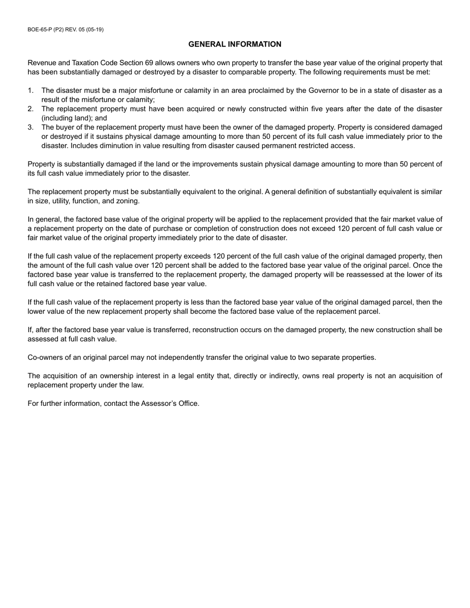 Form BOE-65-P Claim for Intracounty Transfer of Base Year Value to Replacement Property for Property Damaged or Destroyed in a Governor-Declared Disaster - California, Page 2