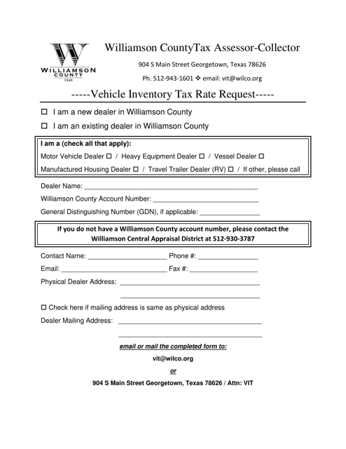Vehicle Inventory Tax Rate Request - Williamson County, Texas Download Pdf