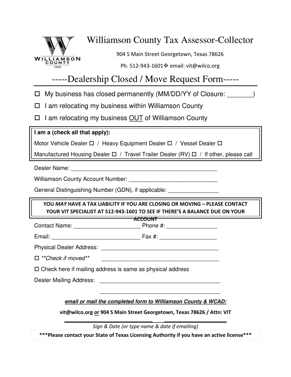 Dealership Closed/Move Request Form - Williamson County, Texas, Page 1