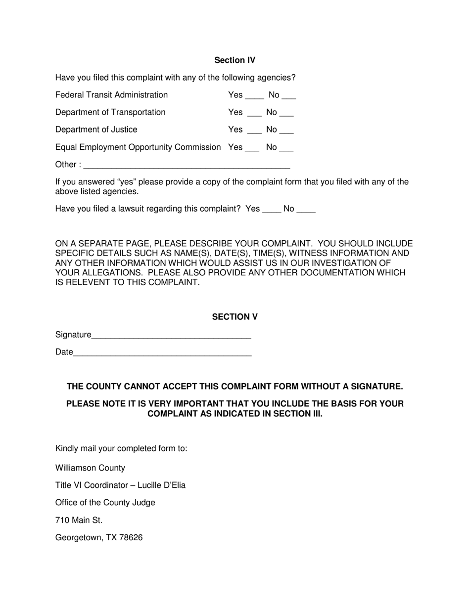 Title VI Complaint Form - Williamson County, Texas, Page 3