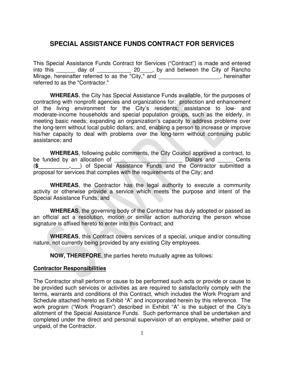 Special Assistance Funds Contract for Services - Sample - City of Rancho Mirage, California, Page 1