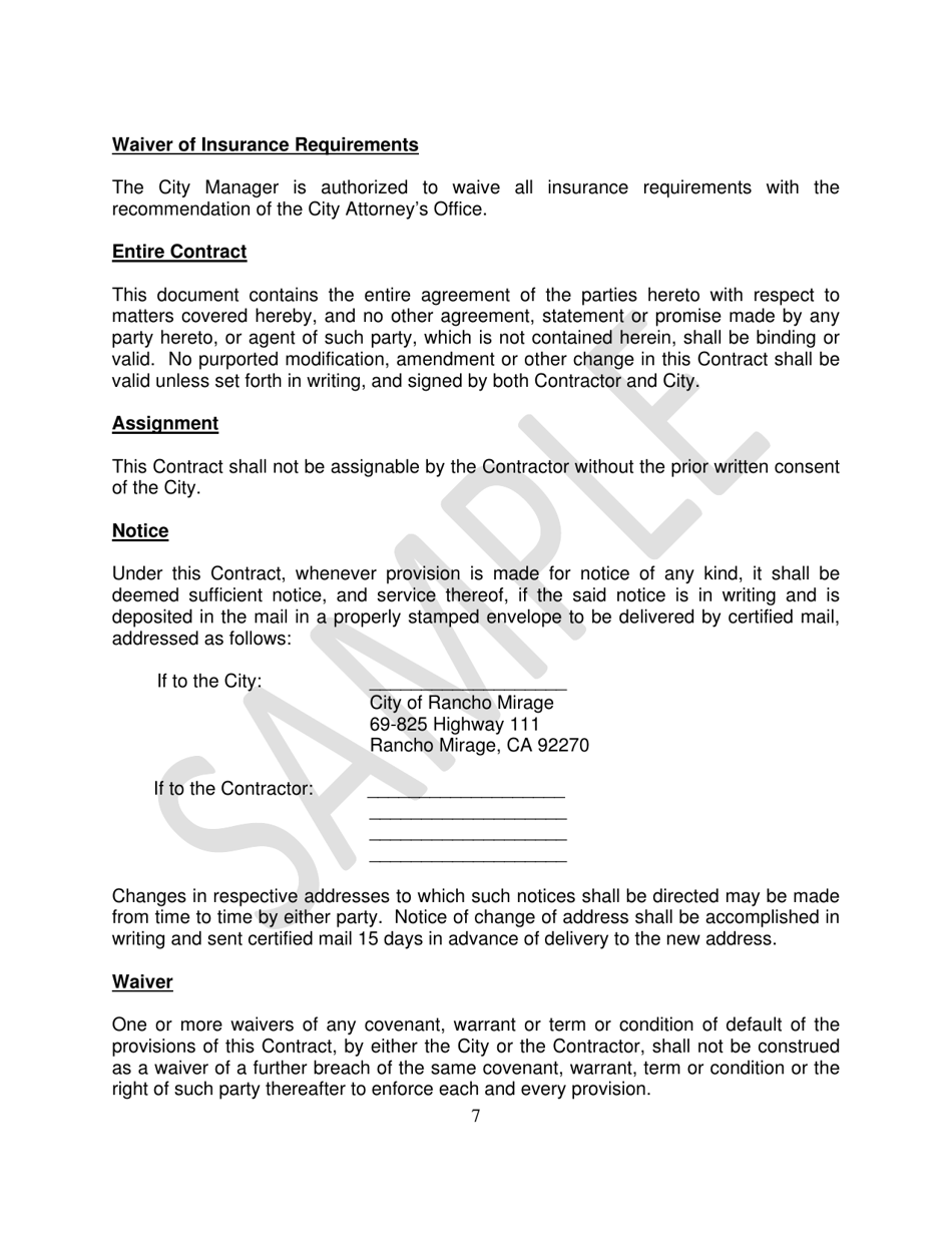 Special Assistance Funds Contract for Services - Sample - City of Rancho Mirage, California, Page 7