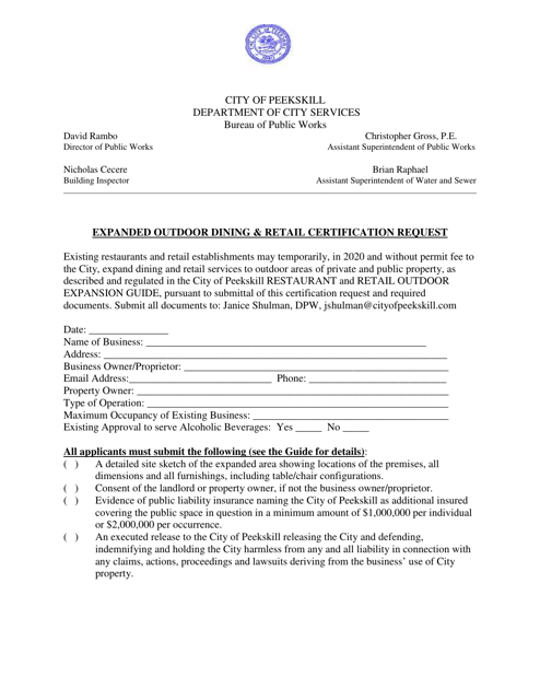 Expanded Outdoor Dining & Retail Certification Request - City of Peekskill, New York Download Pdf