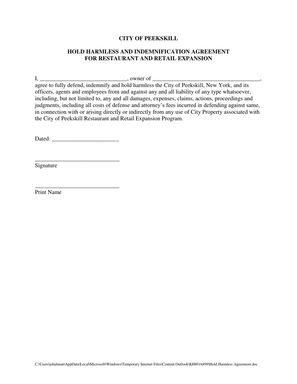 Hold Harmless and Indemnification Agreement for Restaurant and Retail Expansion - City of Peekskill, New York, Page 1