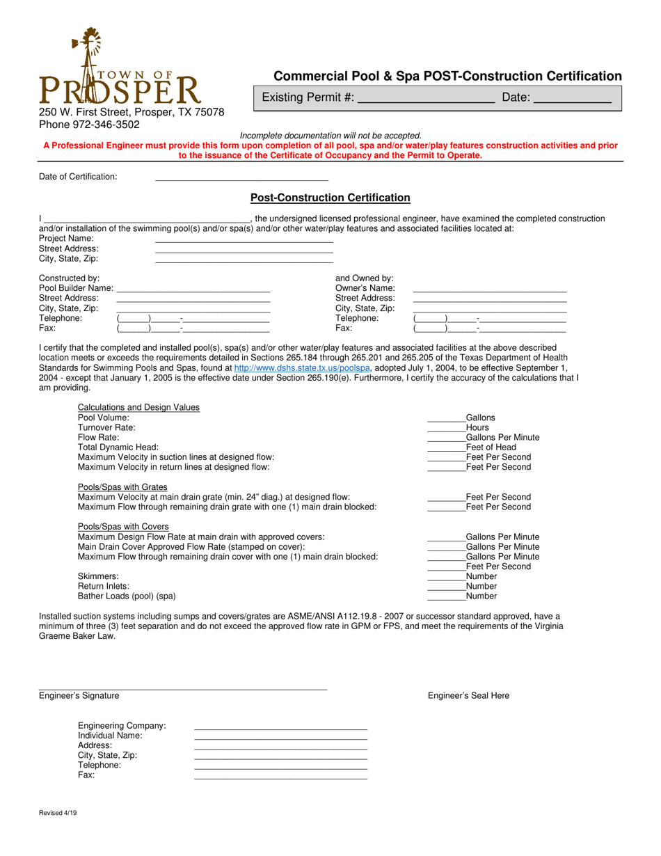 Commercial Pool  SPA Post-construction Certification - Town of Prosper, Texas, Page 1
