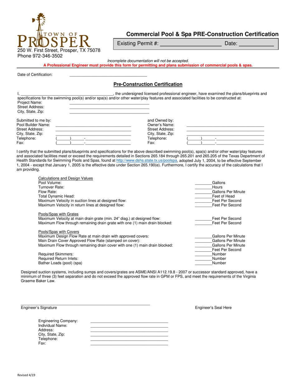 Commercial Pool and SPA Pre-construction Certification - Town of Prosper, Texas, Page 1