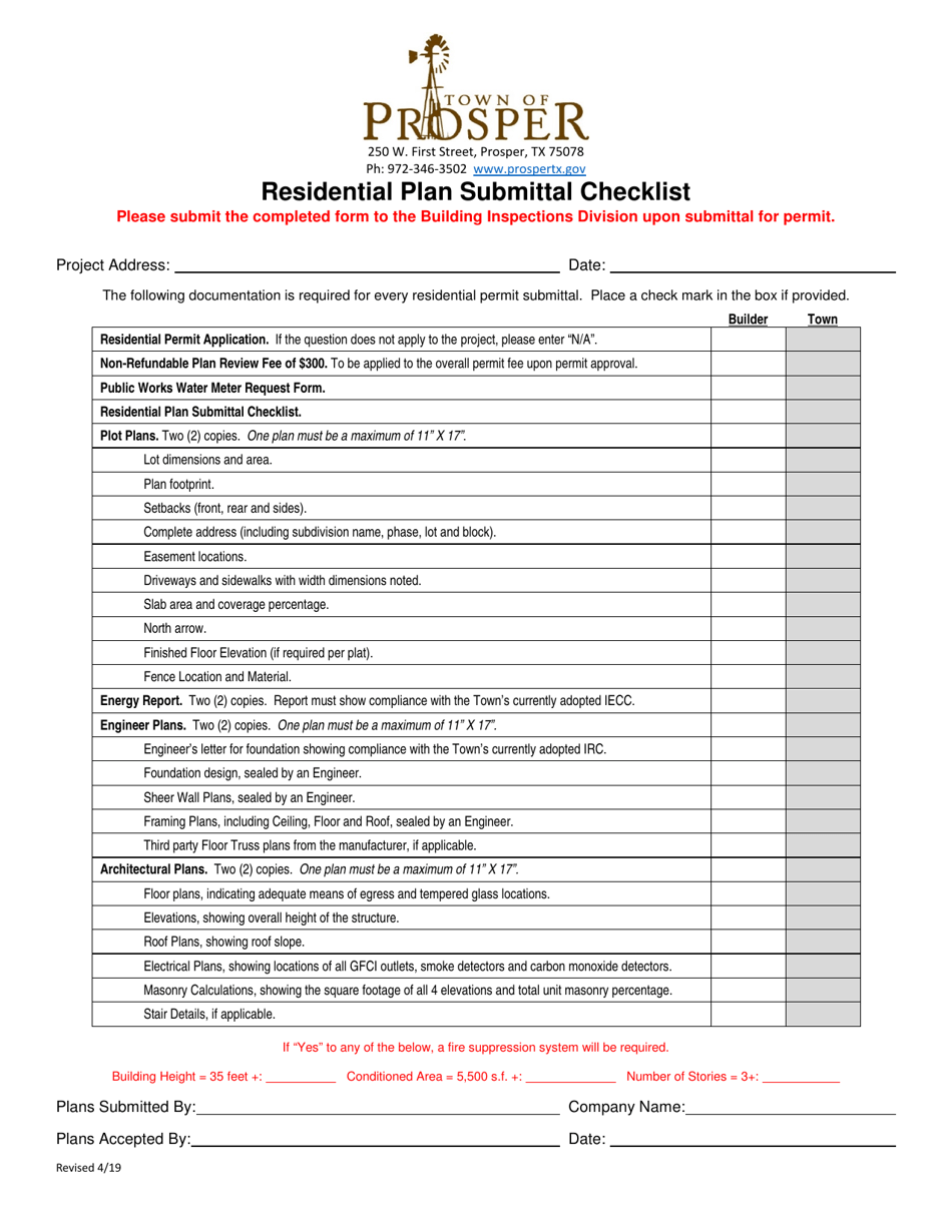 Residential Plan Submittal Checklist - Town of Prosper, Texas, Page 1