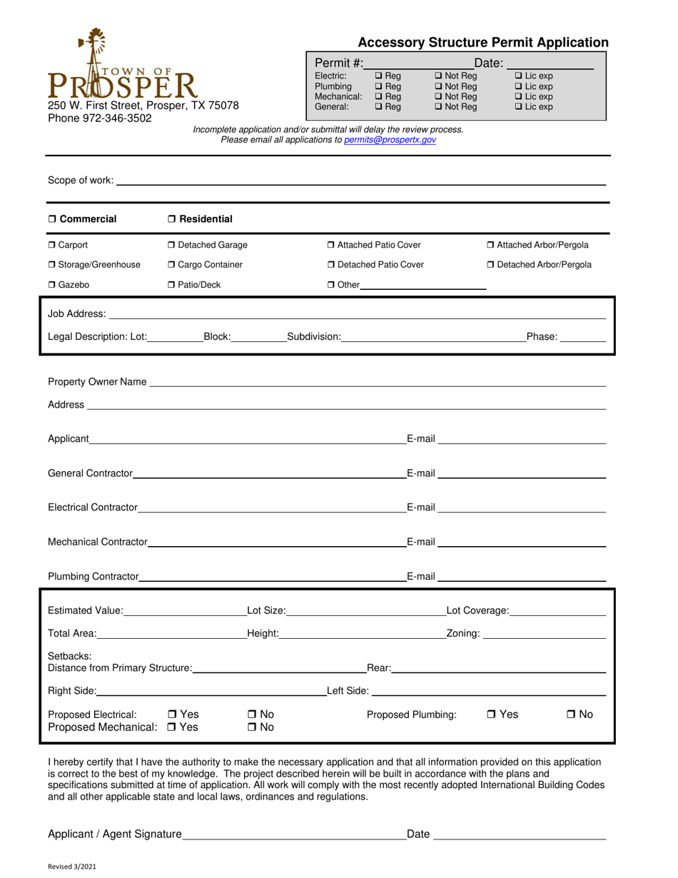 Accessory Structure Permit Application - Town of Prosper, Texas, Page 1