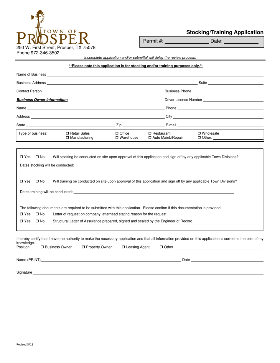 Stocking / Training Application - Town of Prosper, Texas, Page 1