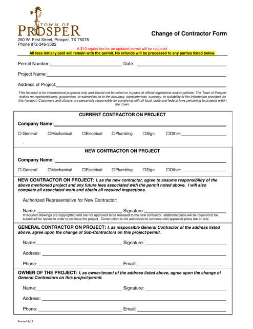 Change of Contractor Form - Town of Prosper, Texas Download Pdf