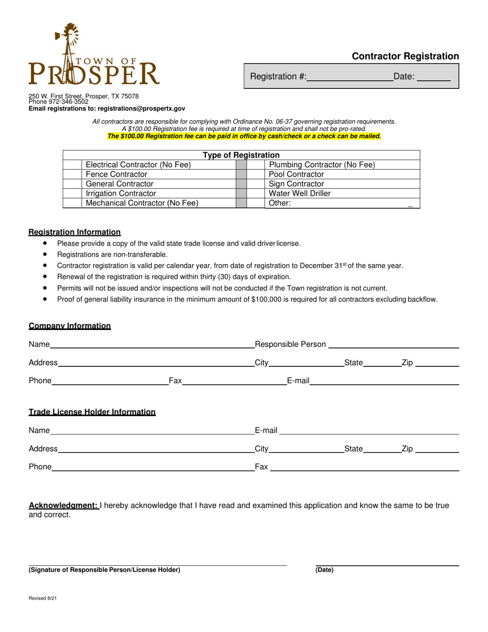 Town of Prosper, Texas Contractor Registration Fill Out, Sign Online