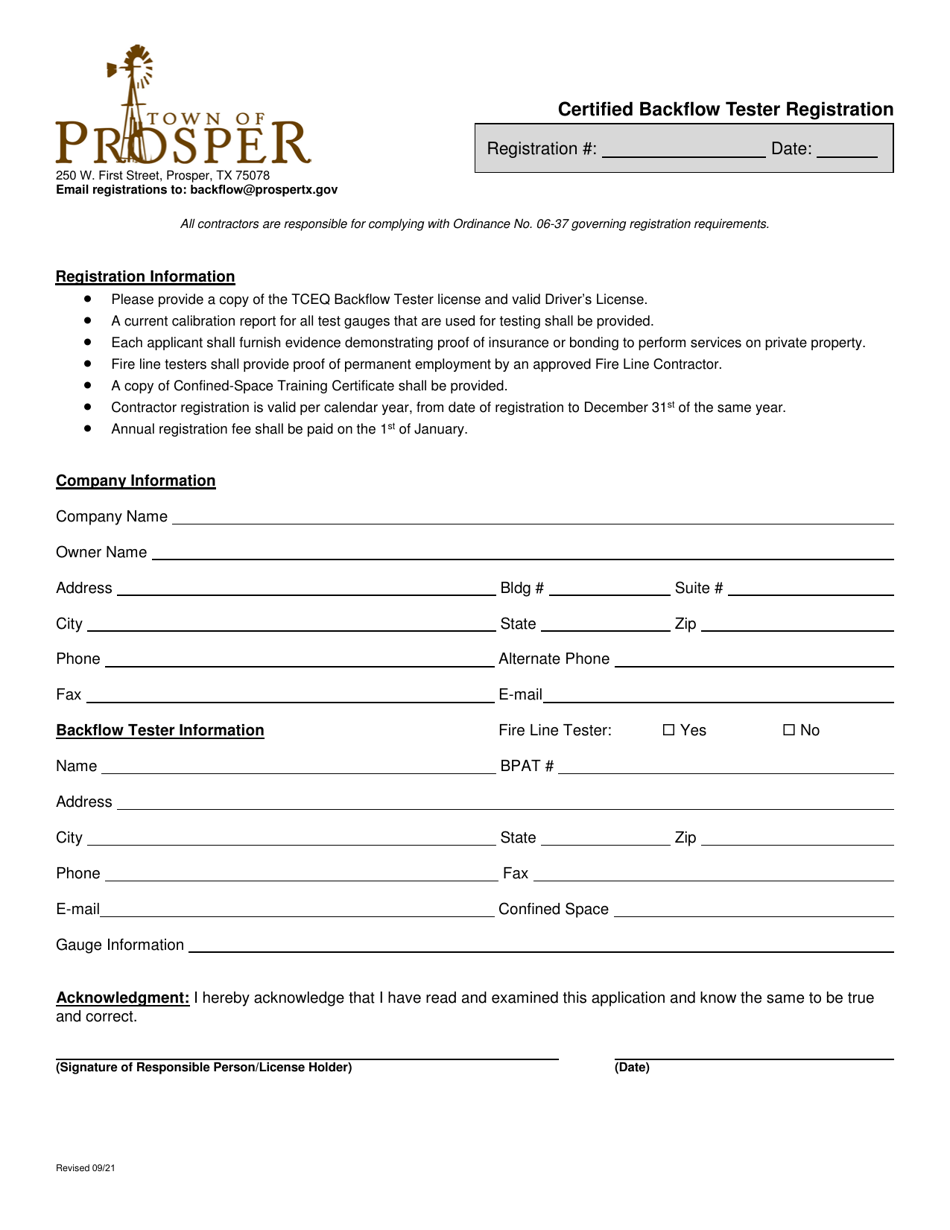 Certified Backflow Tester Registration - Town of Prosper, Texas, Page 1
