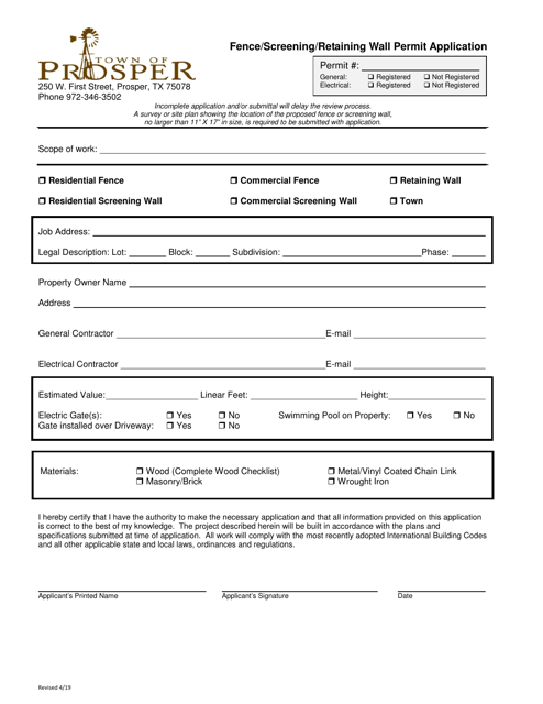 Fence / Screening / Retaining Wall Permit Application - Town of Prosper, Texas Download Pdf