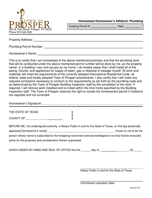 Homestead Homeowner's Affidavit: Plumbing - Town of Prosper, Texas Download Pdf