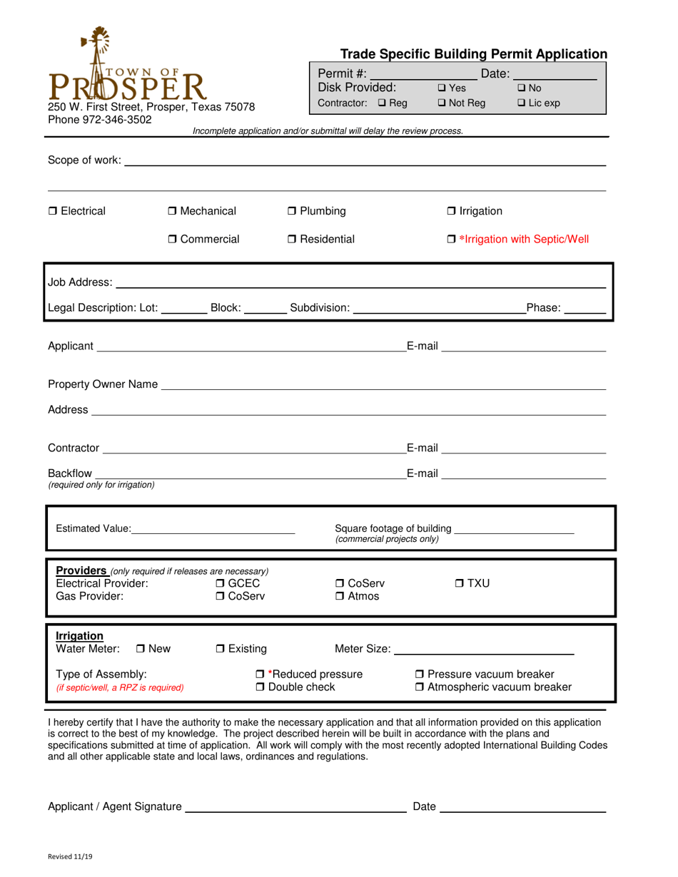 Trade Specific Building Permit Application - Town of Prosper, Texas, Page 1