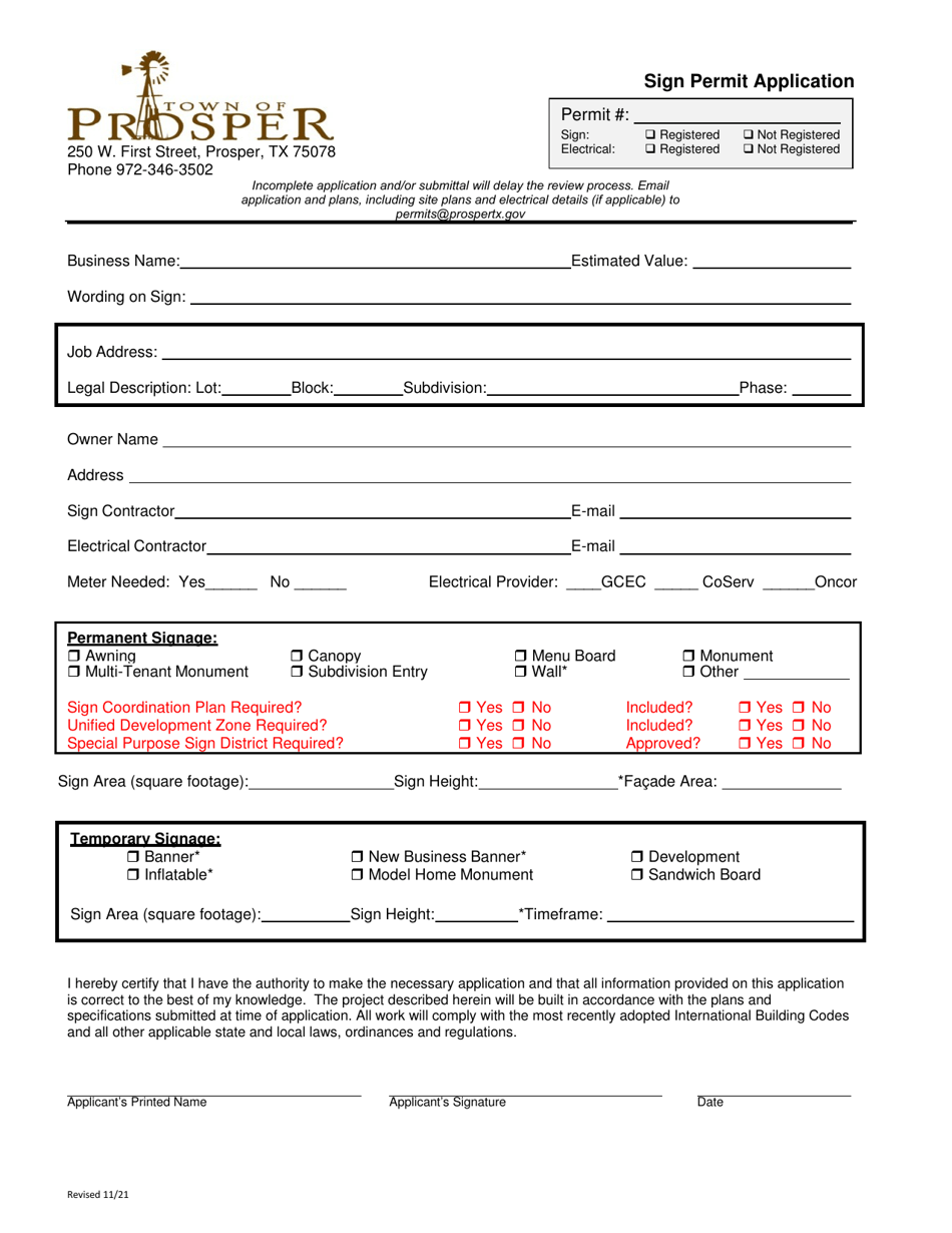 Sign Permit Application - Town of Prosper, Texas, Page 1
