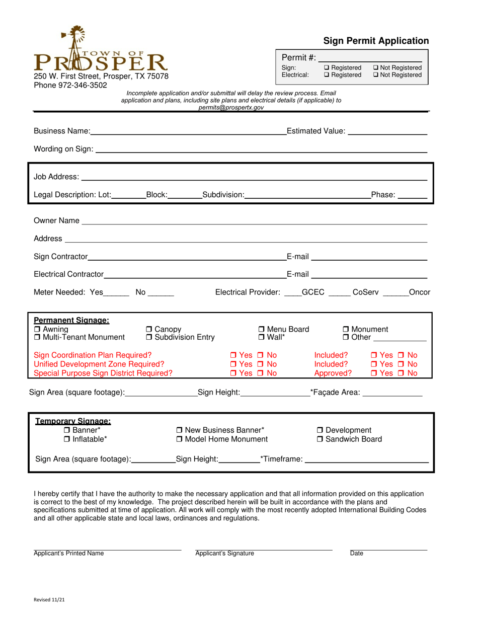 Town of Prosper, Texas Sign Permit Application Fill Out, Sign Online