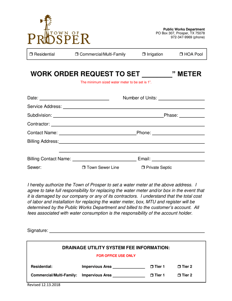 Work Order Request Form to Set Water Meter - Town of Prosper, Texas, Page 1