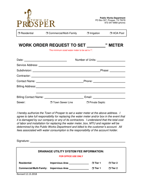 Work Order Request Form to Set Water Meter - Town of Prosper, Texas Download Pdf