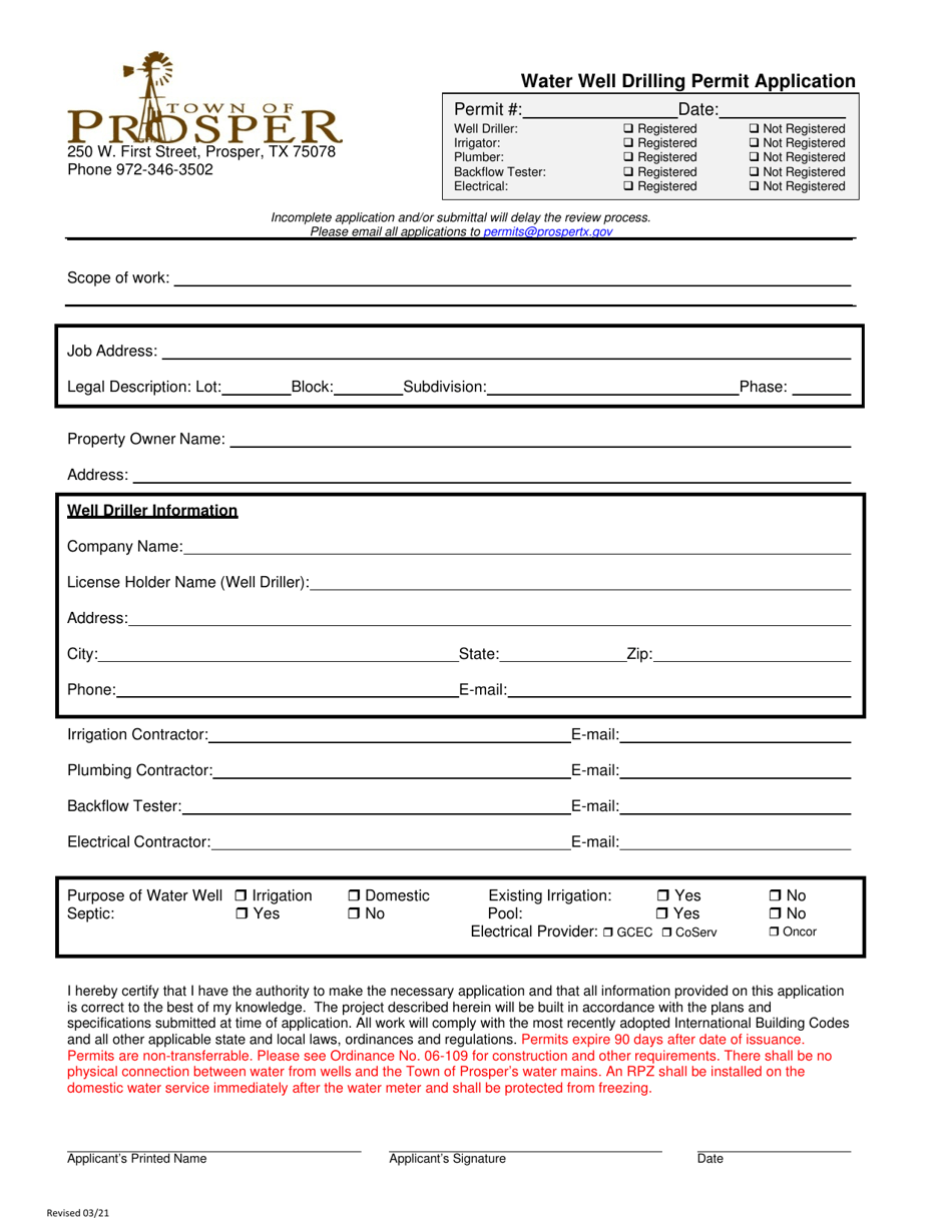 Water Well Drilling Permit Application - Town of Prosper, Texas, Page 1