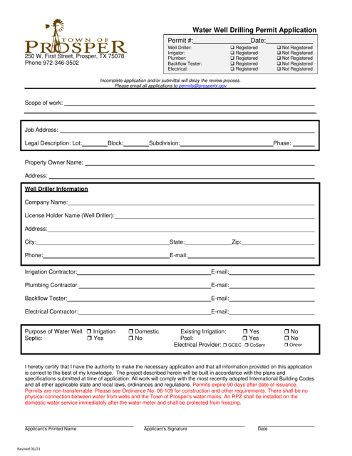 Water Well Drilling Permit Application - Town of Prosper, Texas Download Pdf