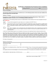&quot;Certification of Residential Pool Protection Device Installation&quot; - Town of Prosper, Texas
