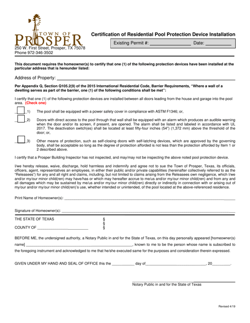 Certification of Residential Pool Protection Device Installation - Town of Prosper, Texas Download Pdf