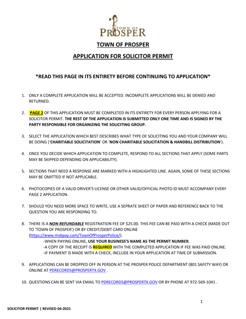 Application for Solicitor Permit - Town of Prosper, Texas Download Pdf