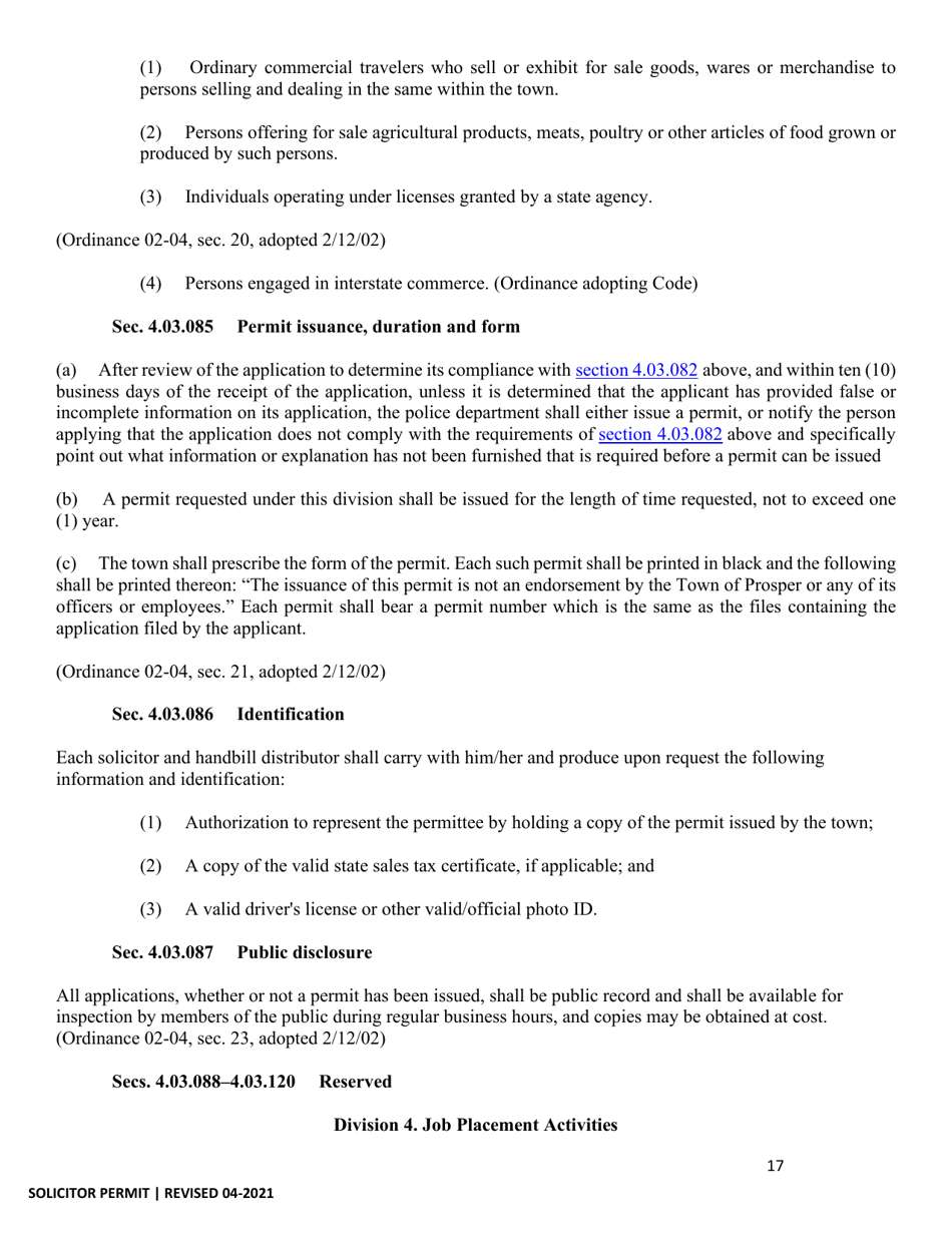 Application for Solicitor Permit - Town of Prosper, Texas, Page 17