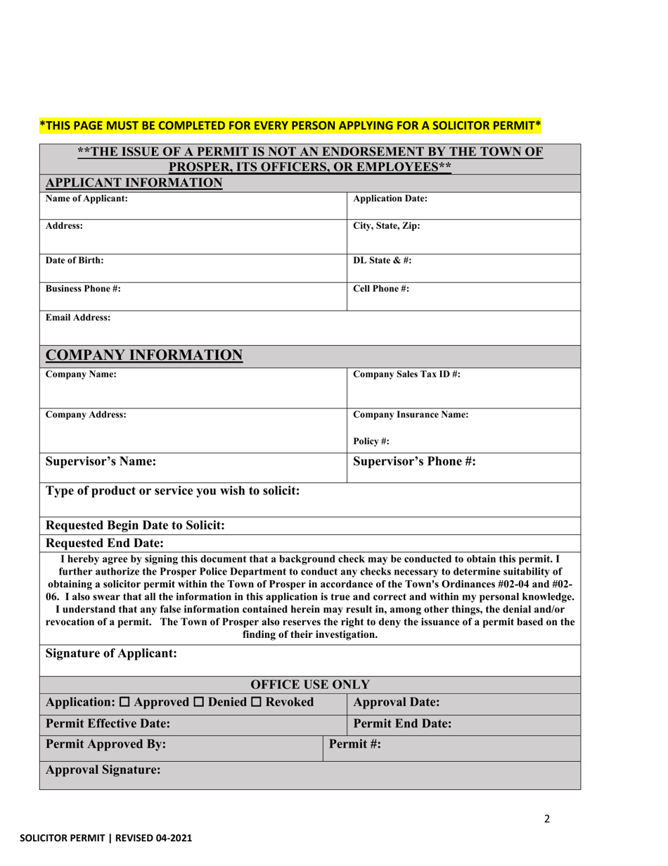Application for Solicitor Permit - Town of Prosper, Texas, Page 2