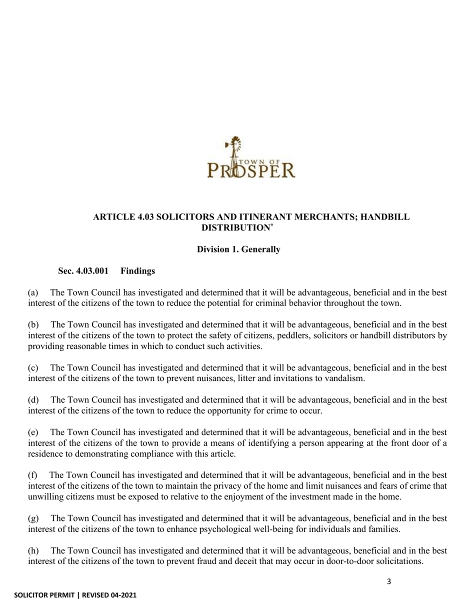 Application for Solicitor Permit - Town of Prosper, Texas, Page 3