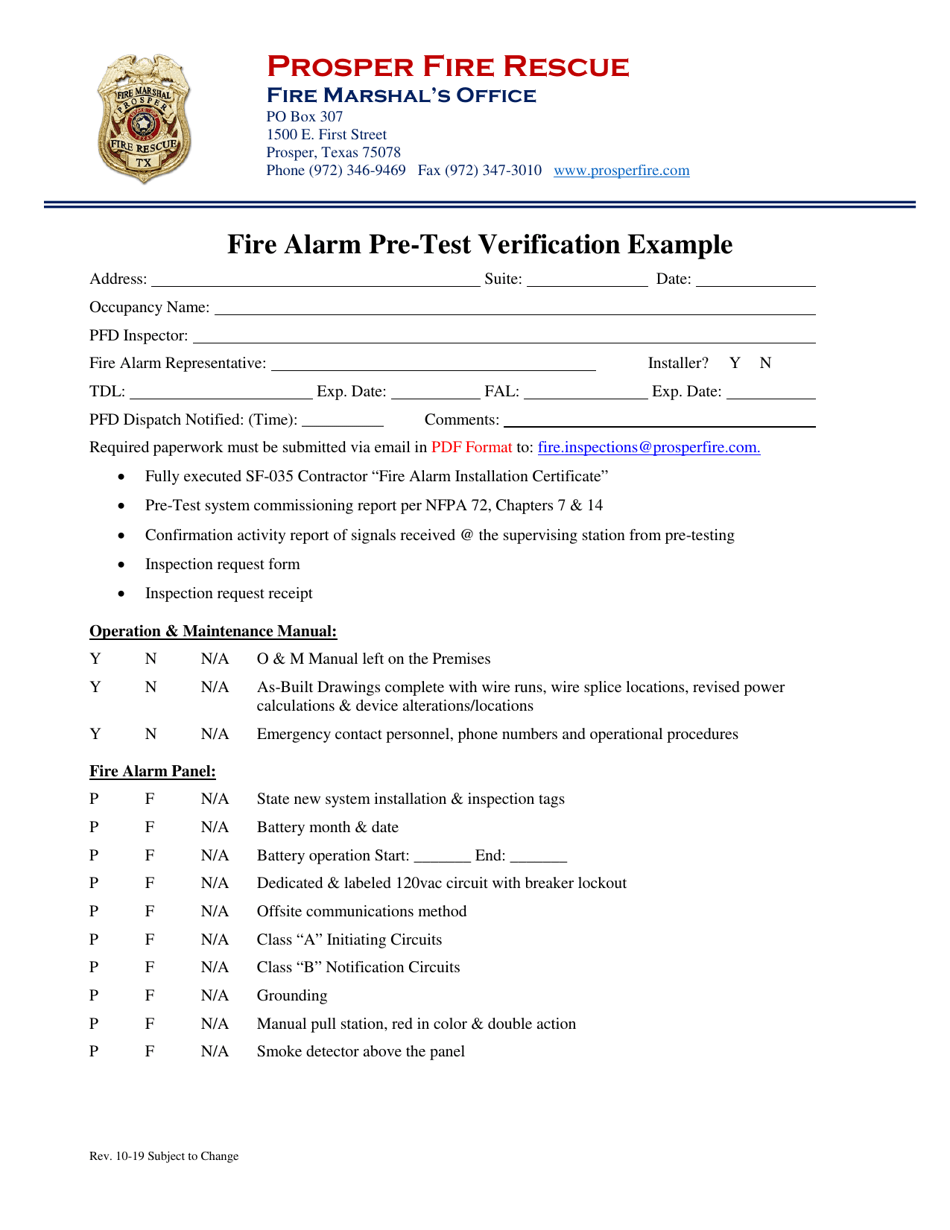 Town of Prosper, Texas Fire Alarm Pre-test Verification Example - Fill ...