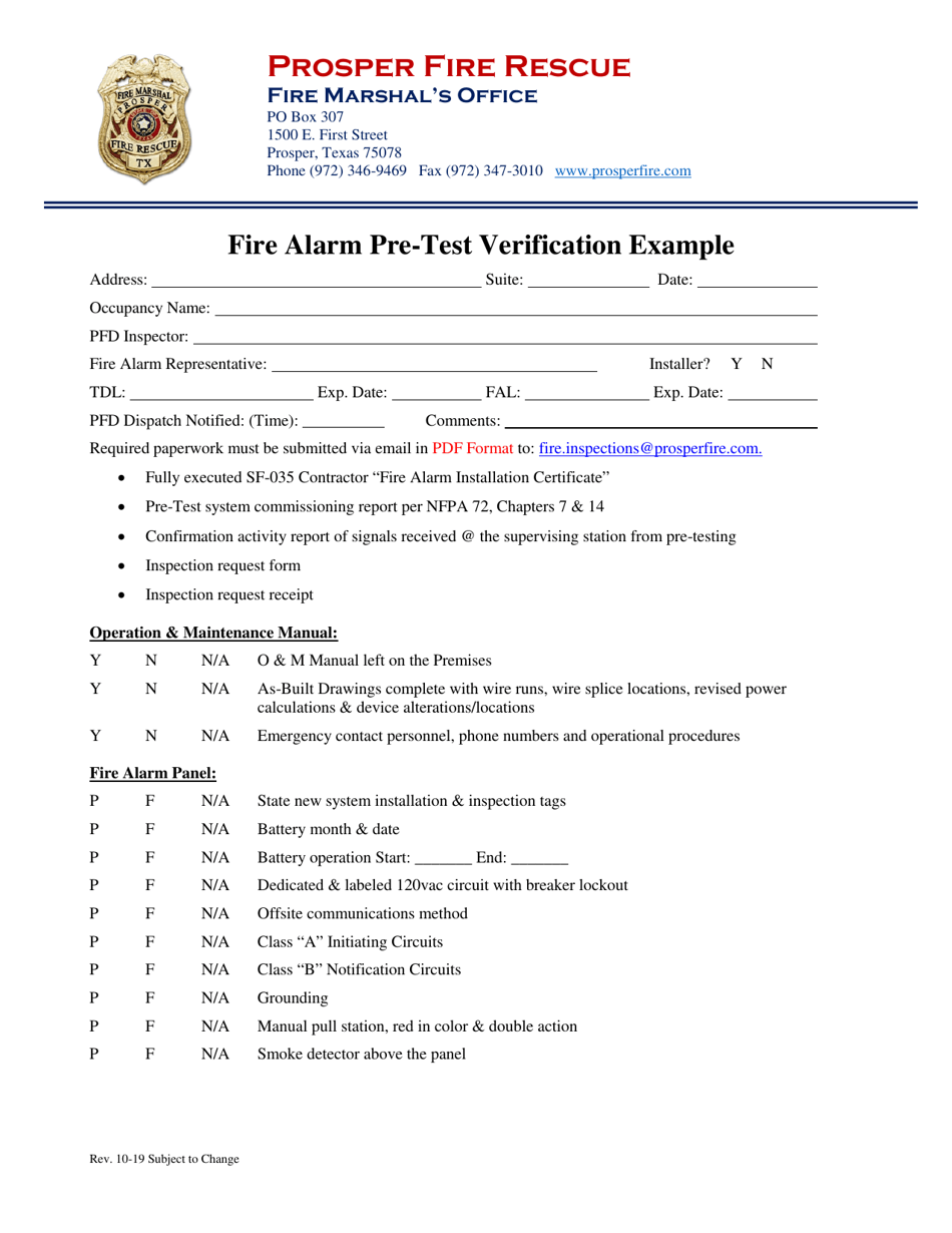 Fire Alarm Pre-test Verification Example - Town of Prosper, Texas, Page 1