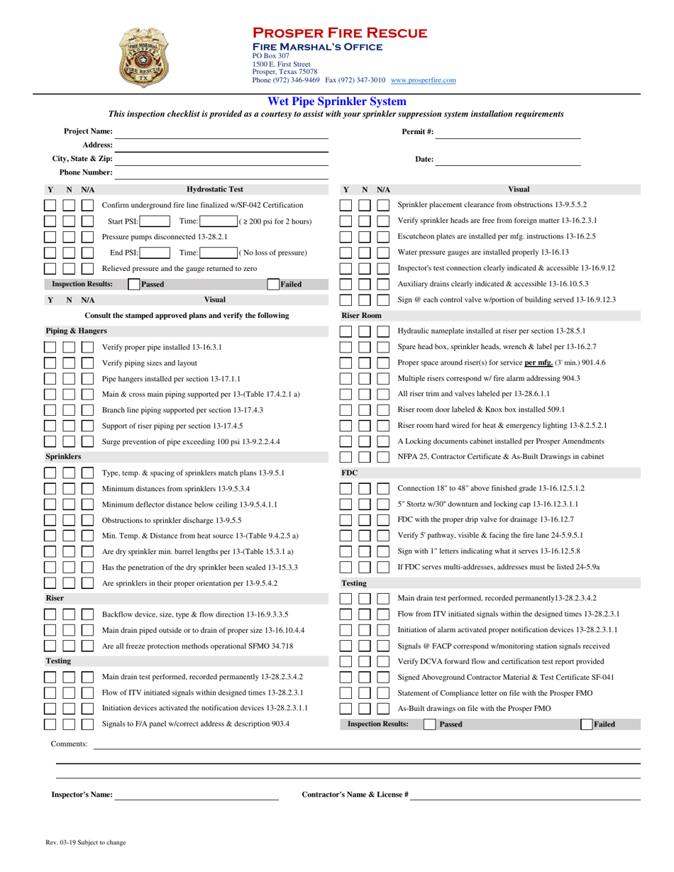 Wet Pipe Sprinkler System Inspection Checklist - Town of Prosper, Texas, Page 1