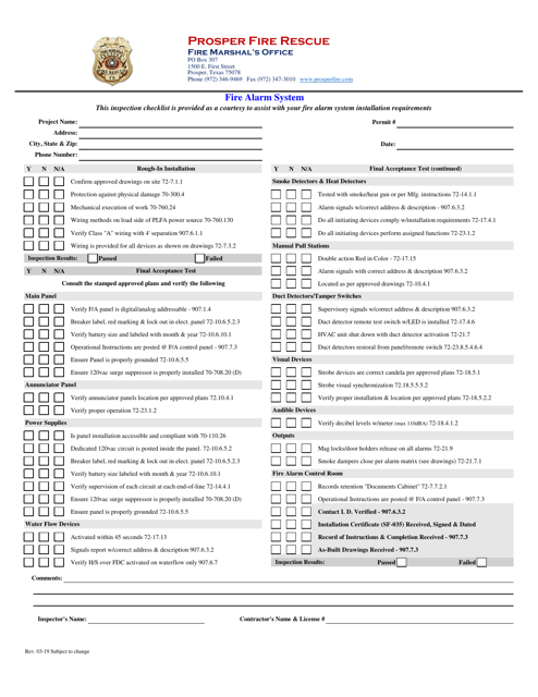 Fire Alarm System Inspection Checklist - Town of Prosper, Texas Download Pdf