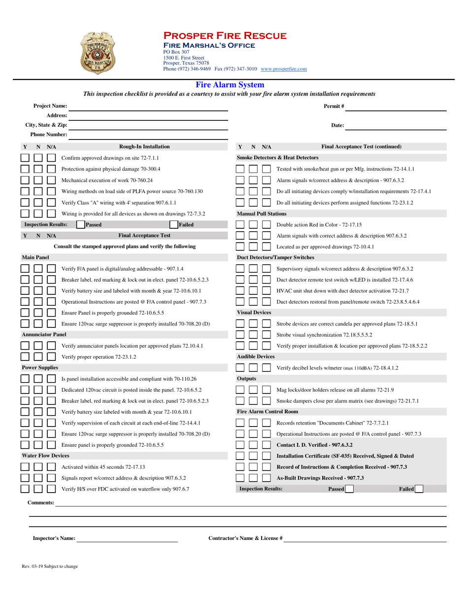 Fire Alarm System Inspection Checklist - Town of Prosper, Texas, Page 1