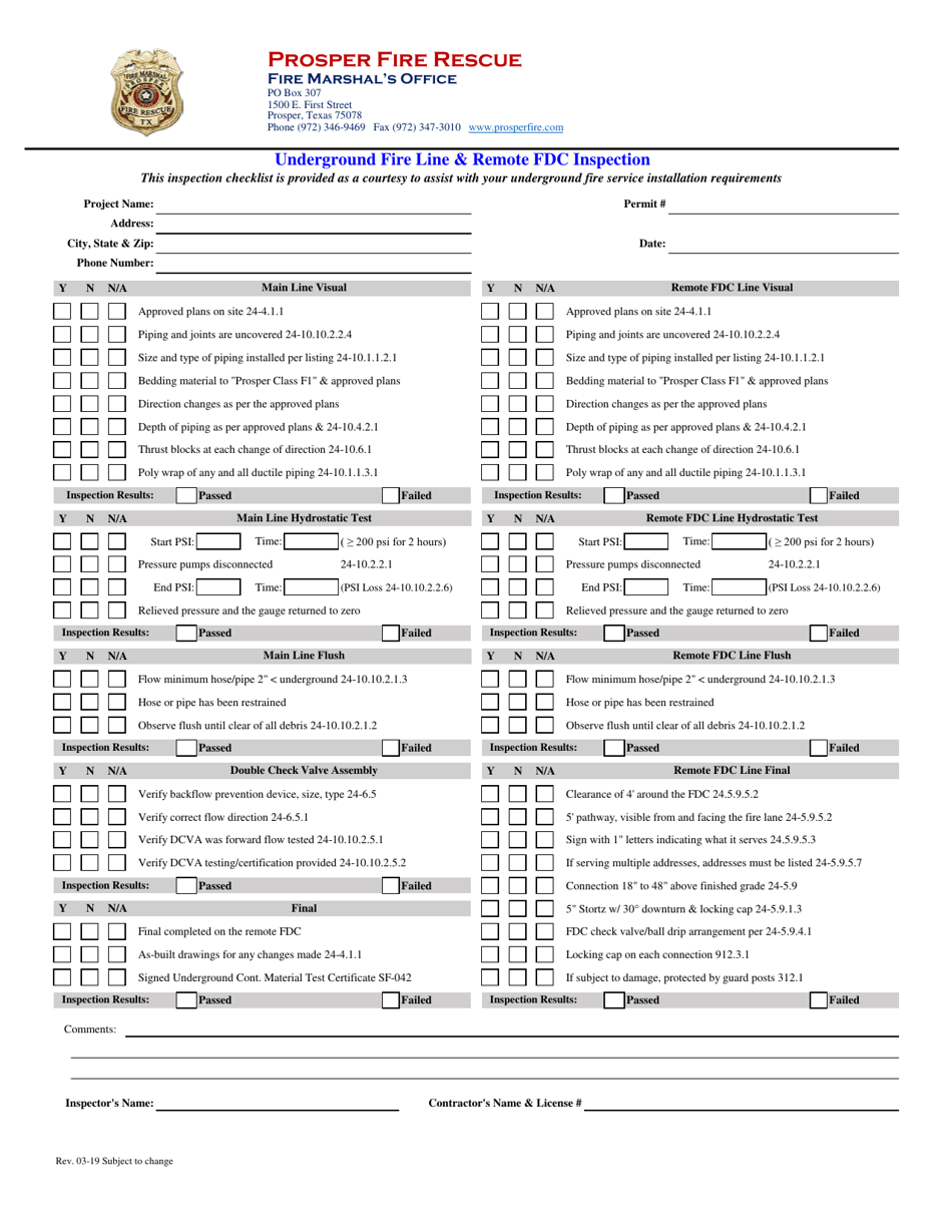 Underground Fire Line  Remote Fdc Inspection Inspection Checklist - Town of Prosper, Texas, Page 1