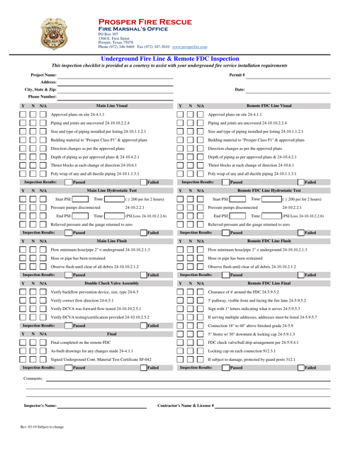 Underground Fire Line & Remote Fdc Inspection Inspection Checklist - Town of Prosper, Texas Download Pdf