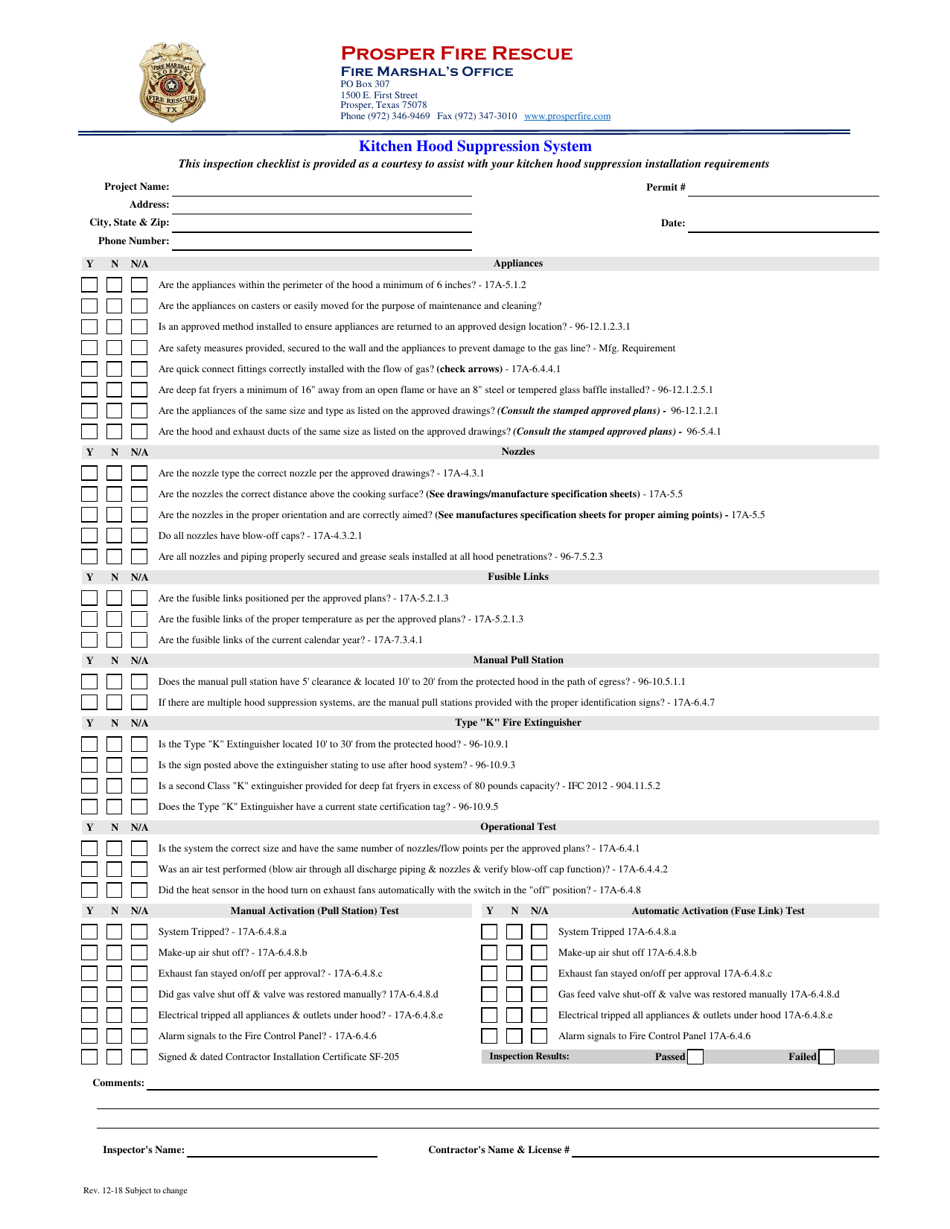 Kitchen Hood Suppression System Inspection Checklist - Town of Prosper, Texas, Page 1