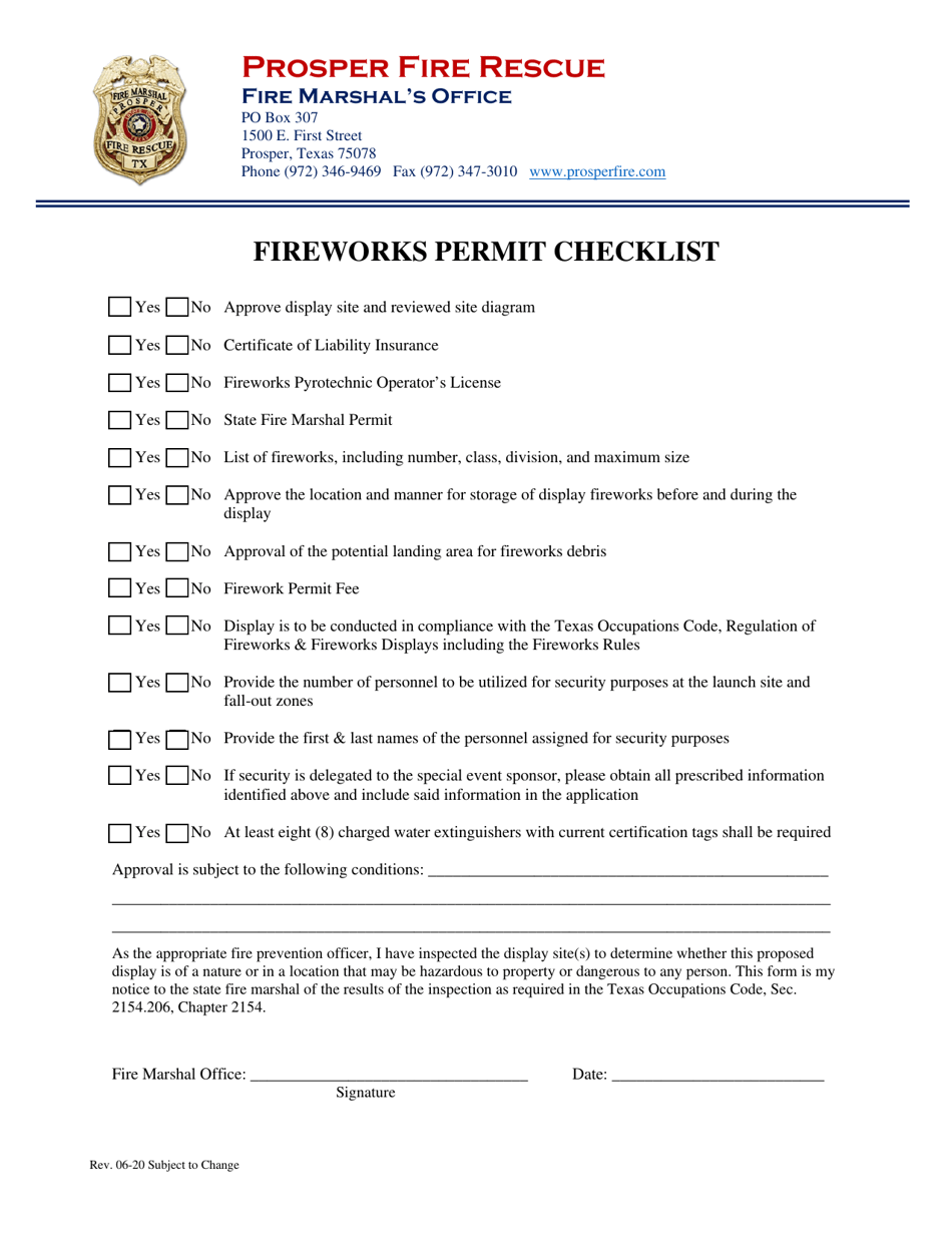 Fireworks Permit Checklist - Town of Prosper, Texas, Page 1