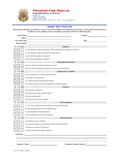 Mobile "hot" Food Unit Inspection Checklist - Town of Prosper, Texas