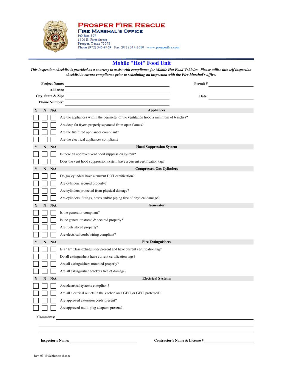 Mobile hot Food Unit Inspection Checklist - Town of Prosper, Texas, Page 1