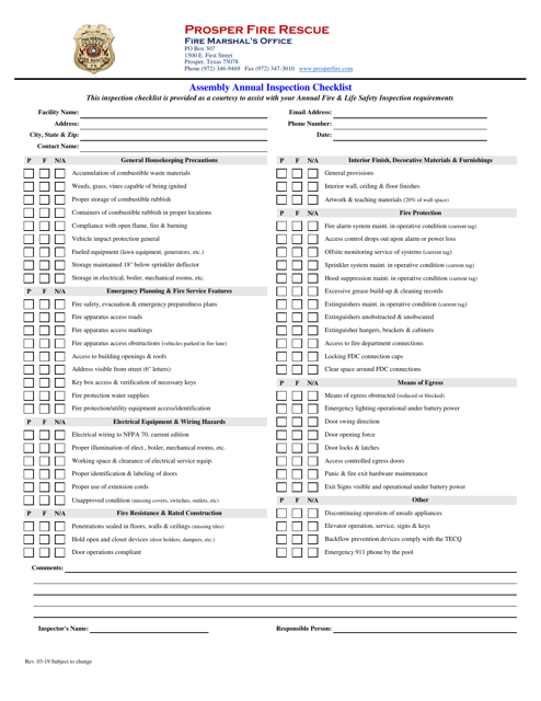 Assembly Annual Inspection Checklist - Town of Prosper, Texas