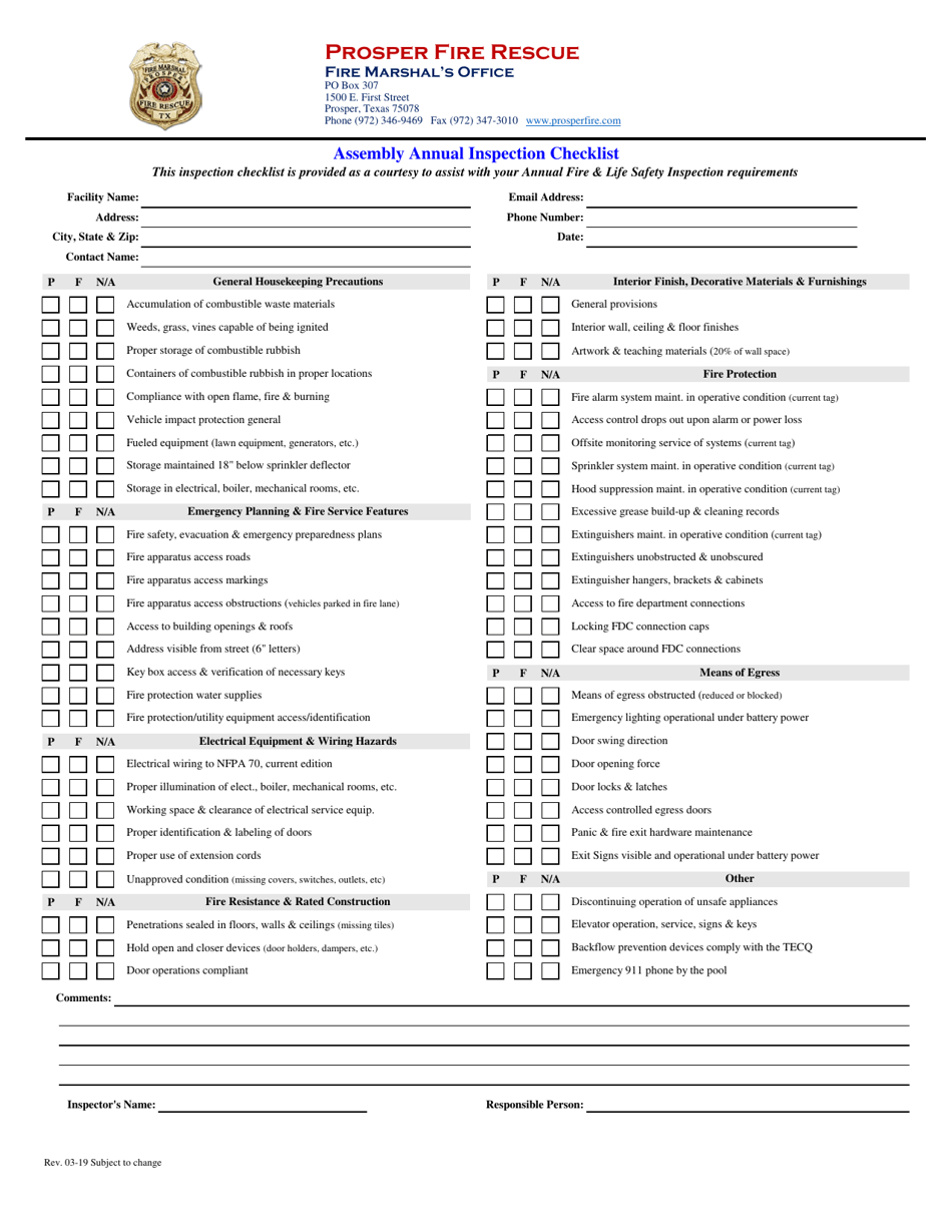 Assembly Annual Inspection Checklist - Town of Prosper, Texas, Page 1
