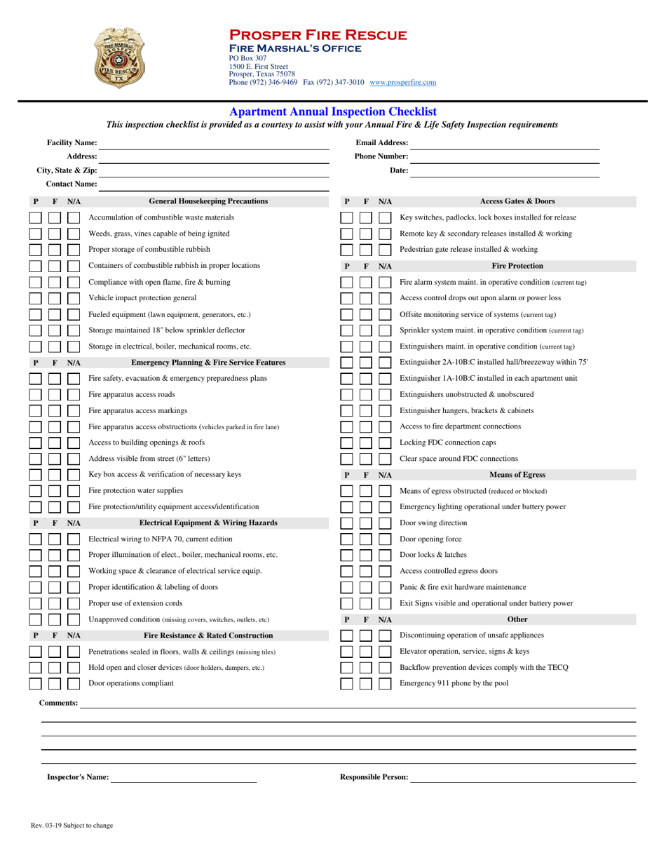 Apartment Annual Inspection Checklist - Town of Prosper, Texas, Page 1