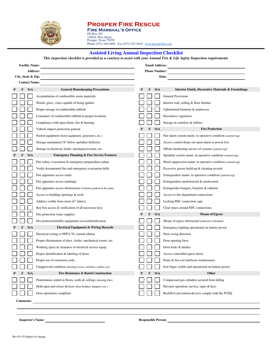 Town of Prosper, Texas Assisted Living Annual Inspection Checklist