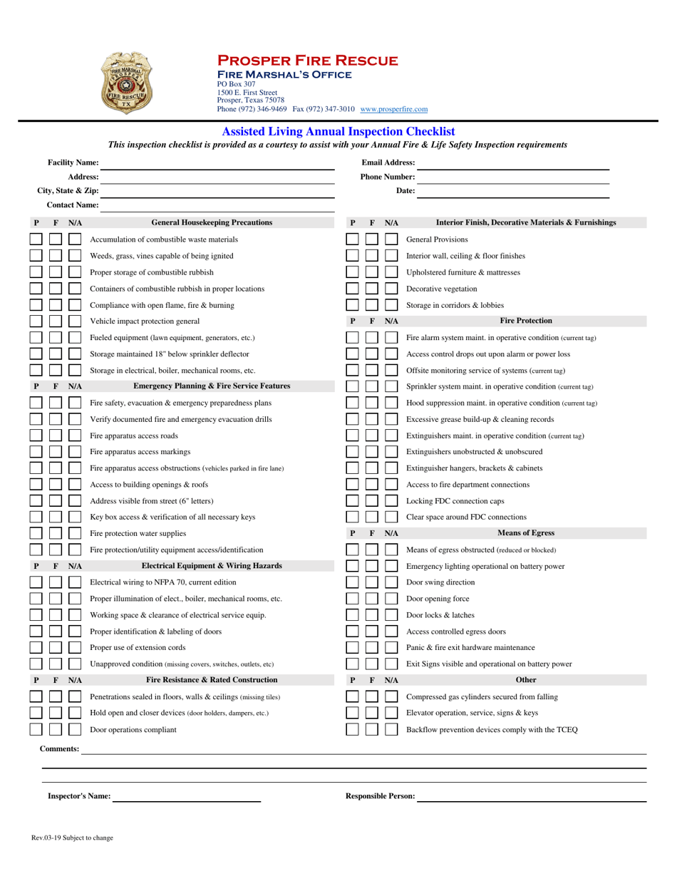 Assisted Living Annual Inspection Checklist - Town of Prosper, Texas, Page 1