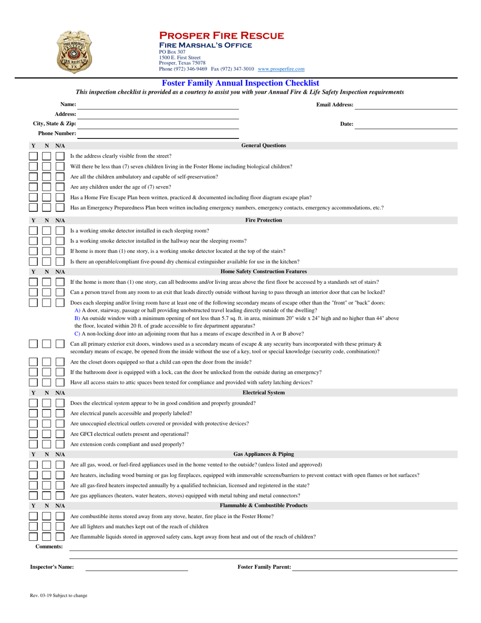 Town of Prosper, Texas Foster Family Annual Inspection Checklist Fill