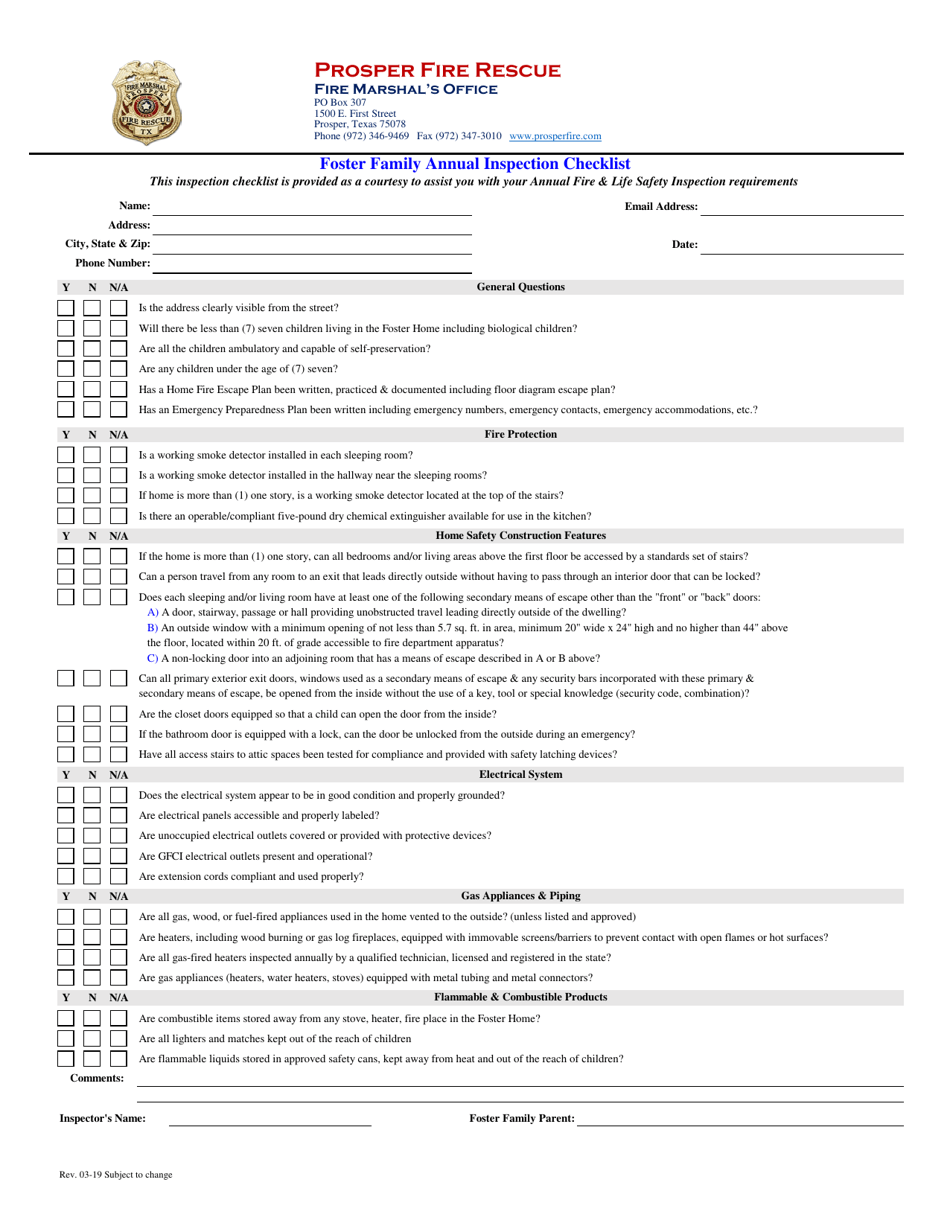Foster Family Annual Inspection Checklist - Town of Prosper, Texas, Page 1