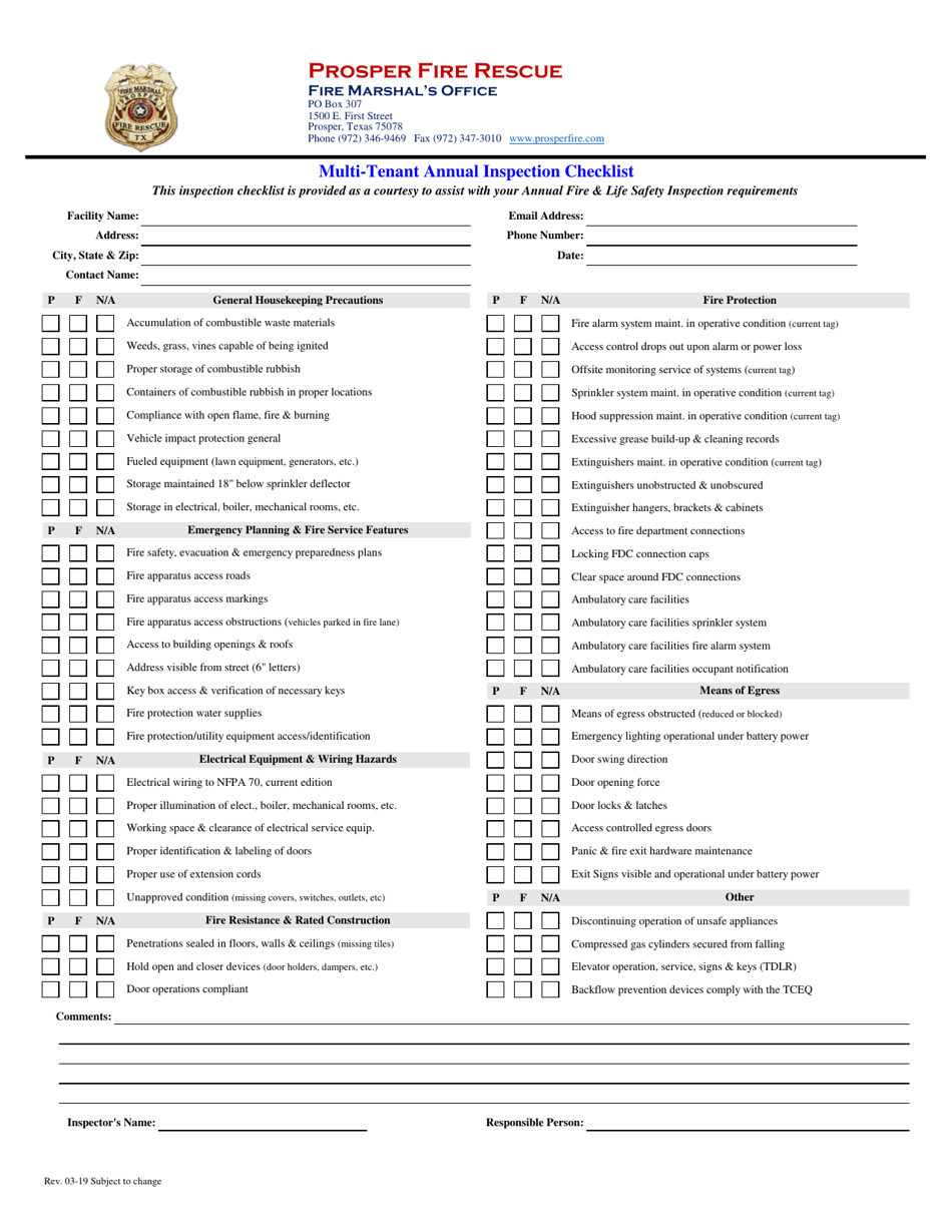Town of Prosper, Texas MultiTenant Annual Inspection Checklist Fill